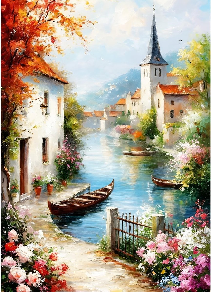 Europees Plattelands Diamant Schilderkits voor Volwassenen en Beginners, 5D Stad en Rivier, DIY Ronde Volledige Drill Bloemen Kunst voor Ontspanning en Wanddecoratie