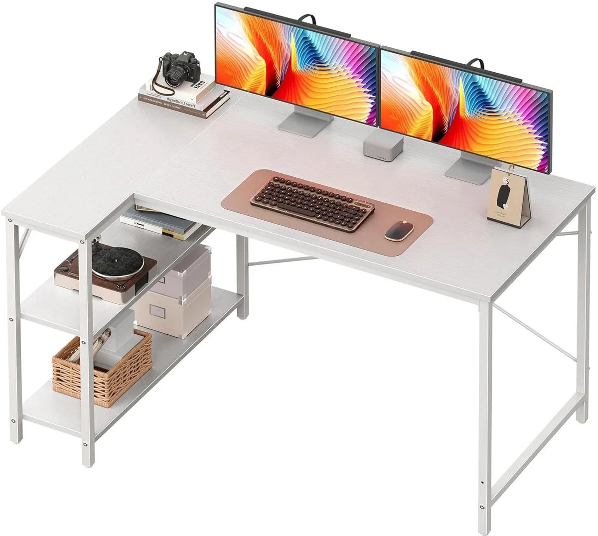 Emvae Bureau - Hoekbureau - Met opbergplanken - Gamebureau - 120 x 80 x 73 cm - Wit