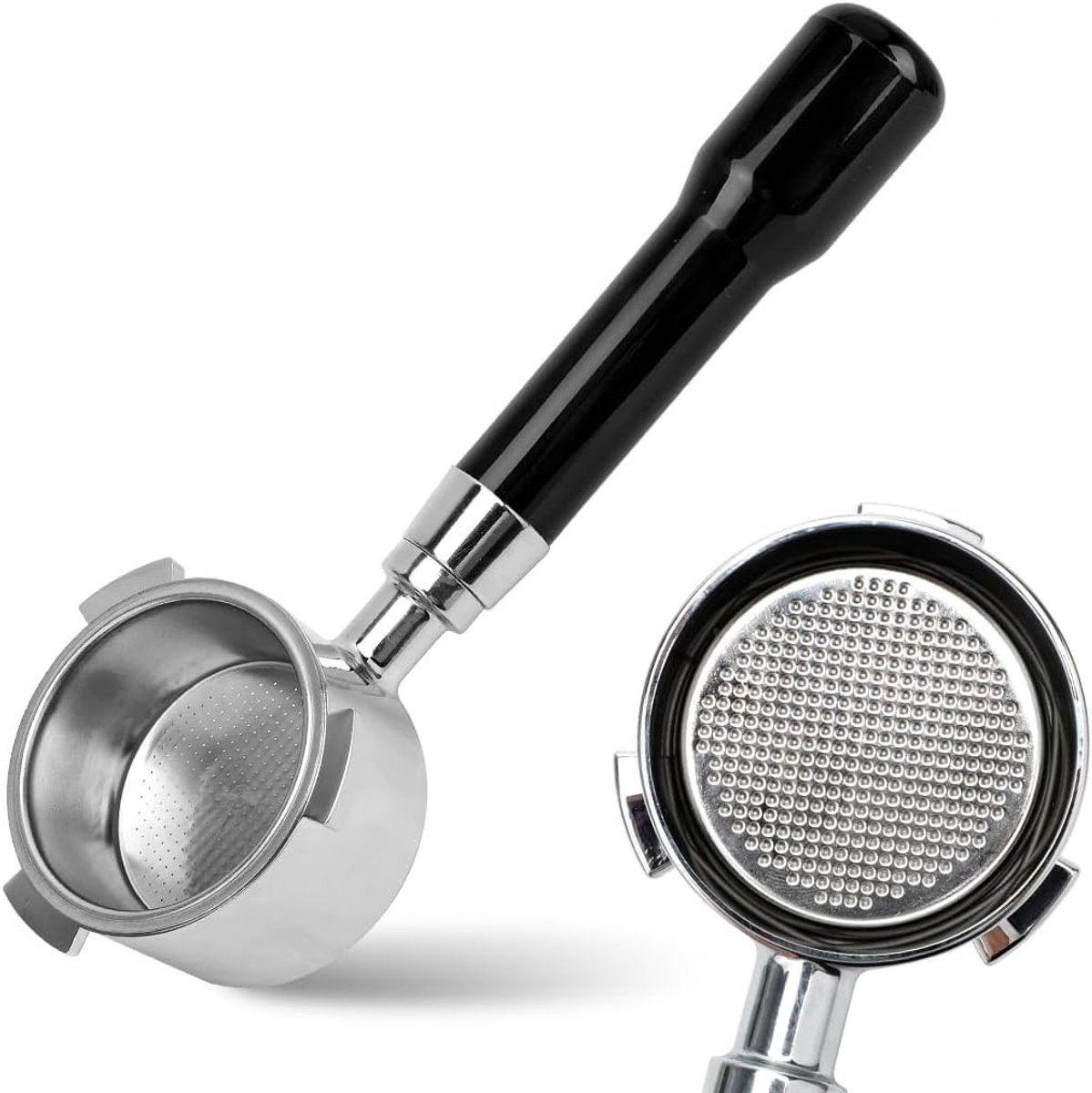 Filterhouder zonder bodem voor 51 mm koffiezeef, geschikt voor DeLonghi espressomachines, met roestvrijstalen filtermand en ergonomische handgreep, zwart
