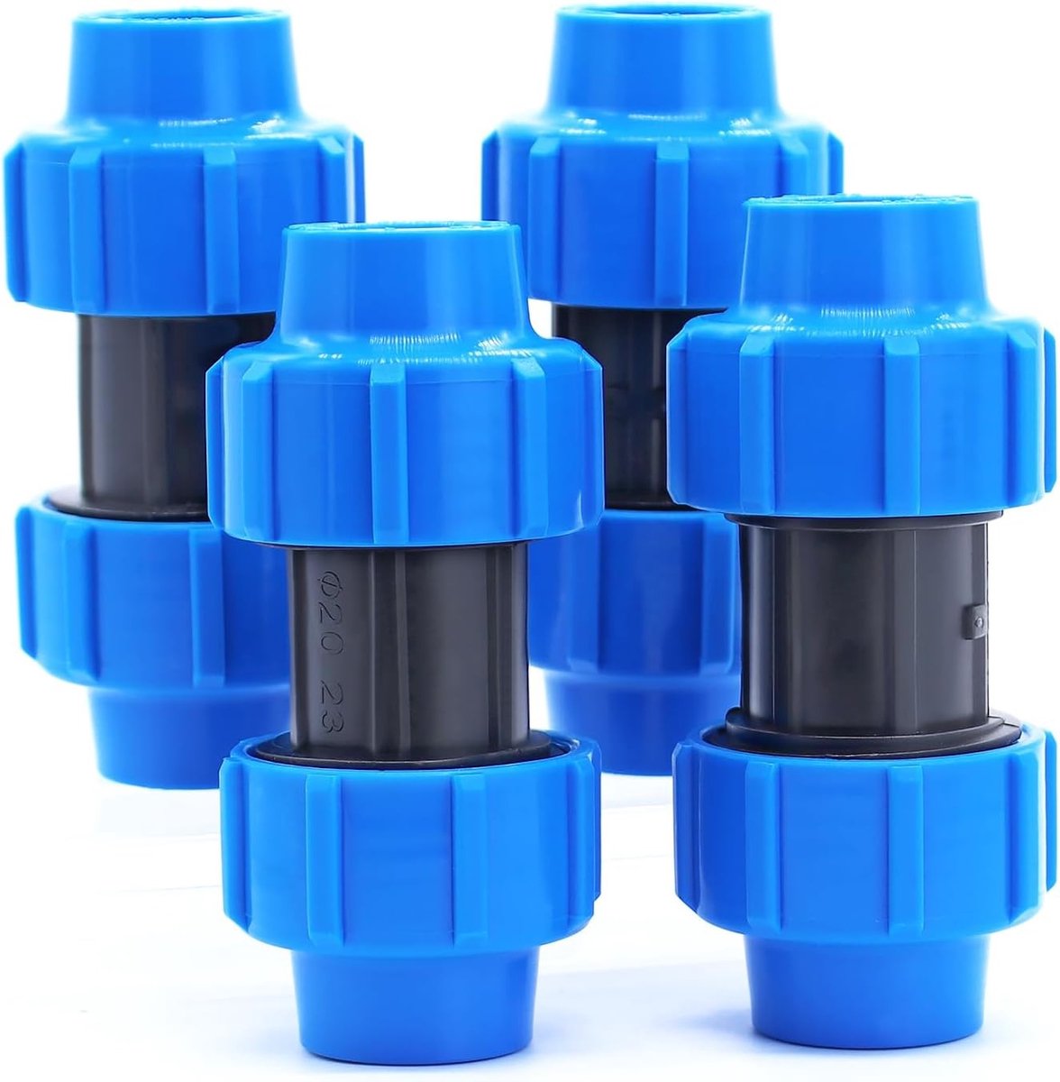 Set van 4 PE-buizen 20 mm met schroefverbinding, PP fitting hoek 180 graden, klemconnector en kunststof coupler voor PE80 en PE100 buizen, geschikt voor binnen- en buiteninstallaties.