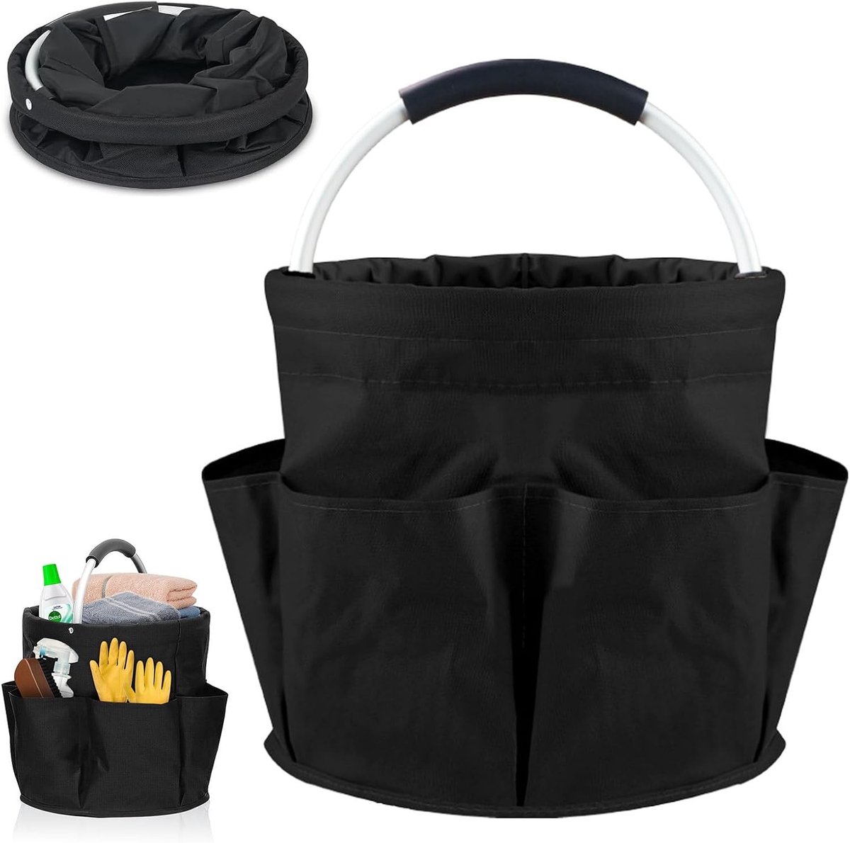 Draagbare opbergmand voor schoonmaakmiddelen, 28 x 28 cm, opvouwbare caddy met handvat en 6 vakken, ideaal voor binnen en buitengebruik, badkamer en tuin organisatie