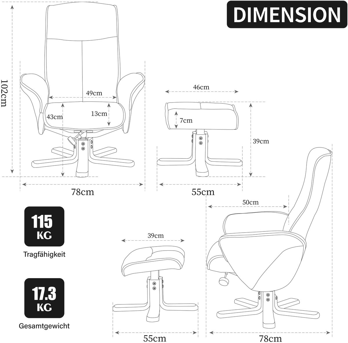 YYchan fauteuil met voetenbank - grijs - 78 x 78 x 102 cm - voetenbank 55 x 46 x 39 cm