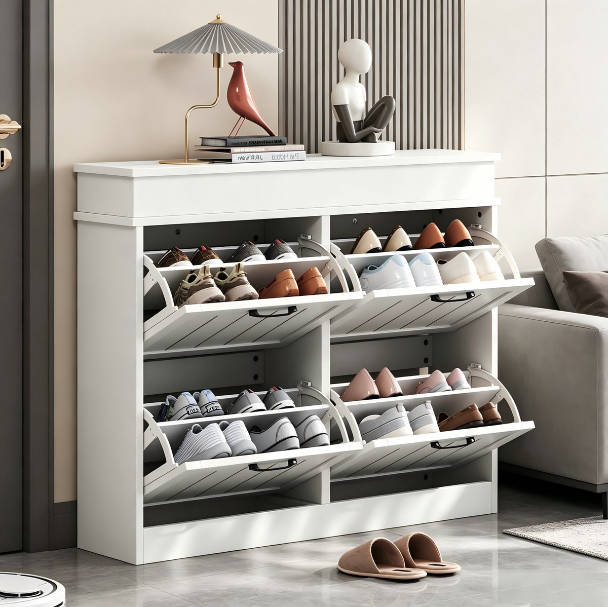 OKWISH Schoenenkast - 105 x 24 x 83 cm - 4 Klepdeuren en 8 Vakken - Verstelbare Indeling voor Hal en Entree - MDF Wit