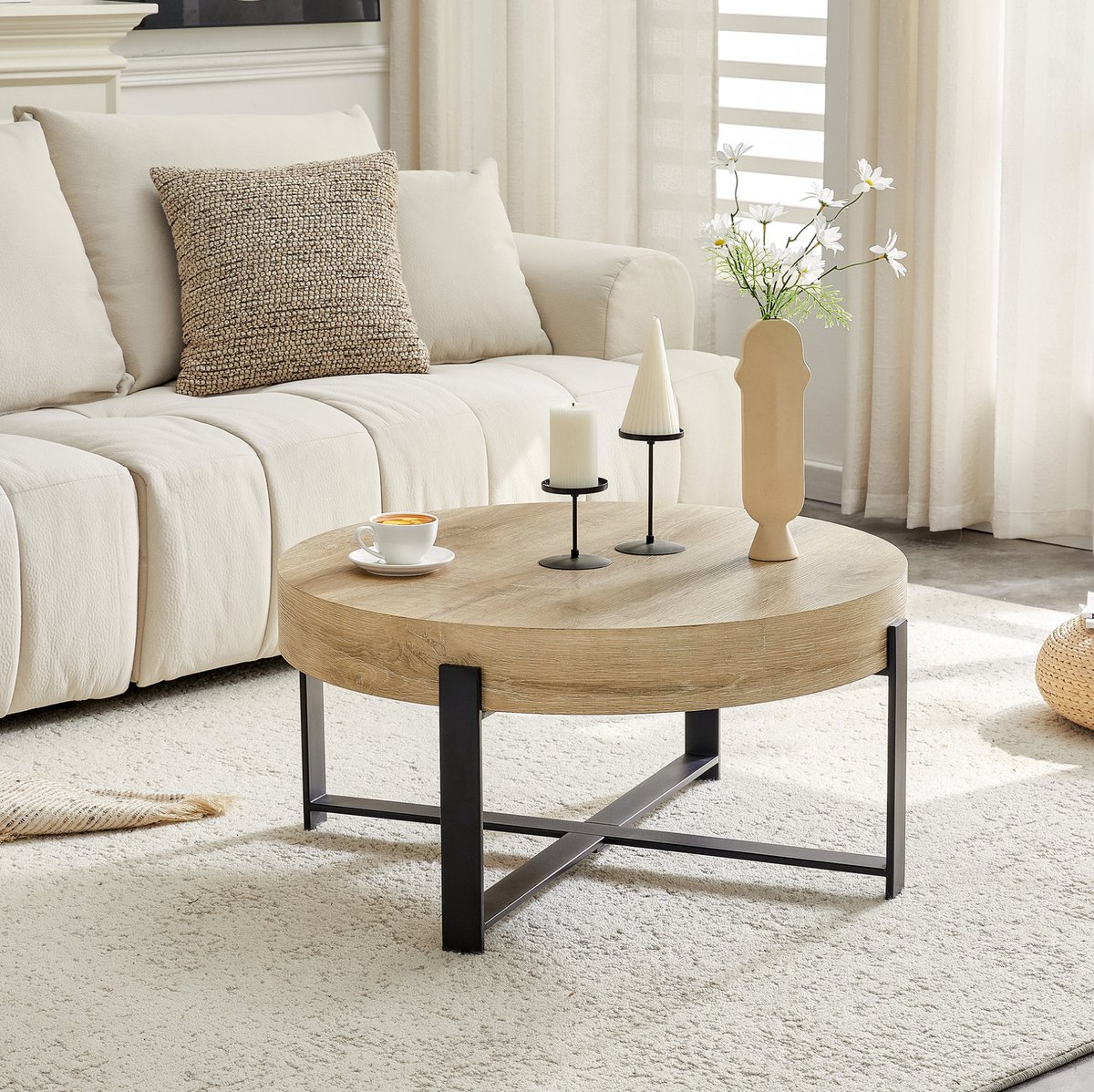 OKWISH Salontafel - Rond Design Met Houtlook Blad En Metalen Kruisframe - Voor Woonkamer Of Slaapkamer - MDF Zwart En Houtkleur - 68 x 36 cm