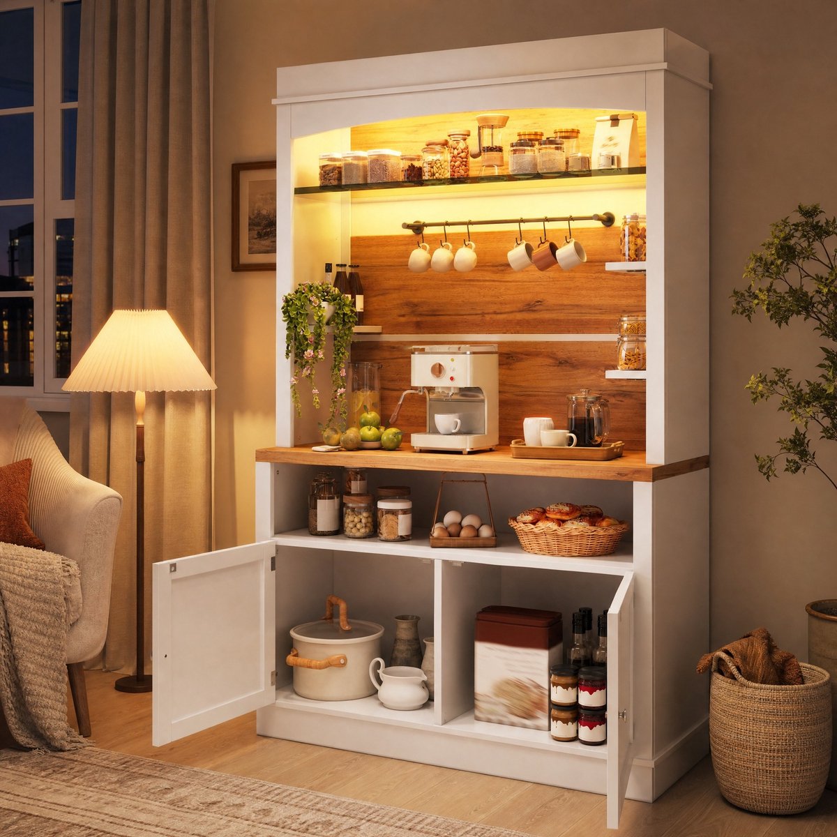 OKWISH Keukenkast – Hoge Opbergkast Met Ledverlichting En Glasplank – 107 x 34 x 184 cm – 6 Haken – MDF Wit Met Metaal