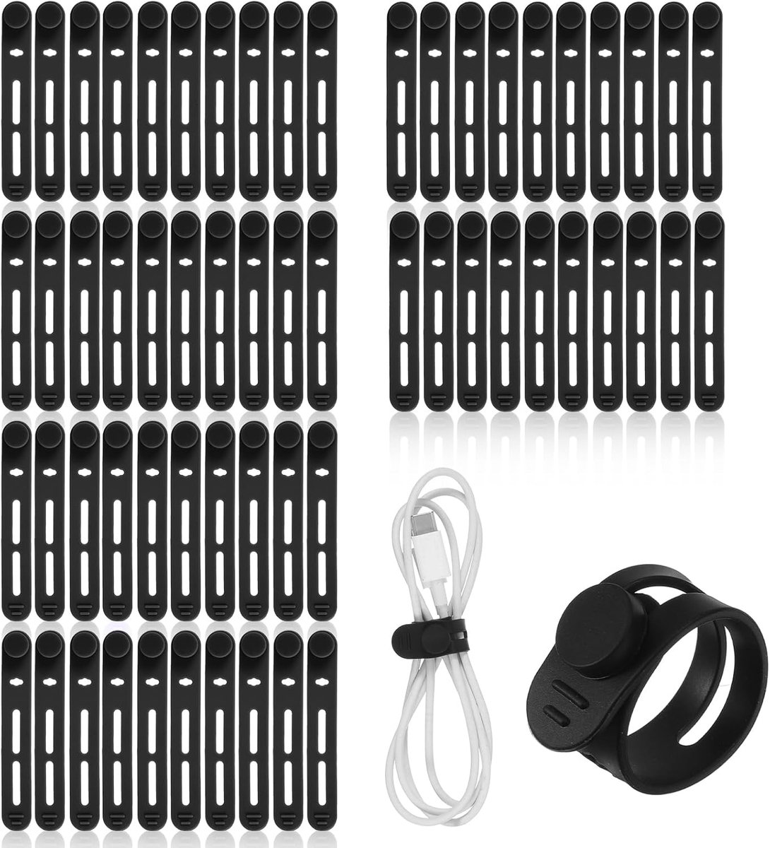 Thijox - 60 stuks herbruikbare kabelbinders, elastische siliconen kabelbinders zwart, 8 cm, ideaal voor mobiele telefoonkabels, computerkabels en hoof
