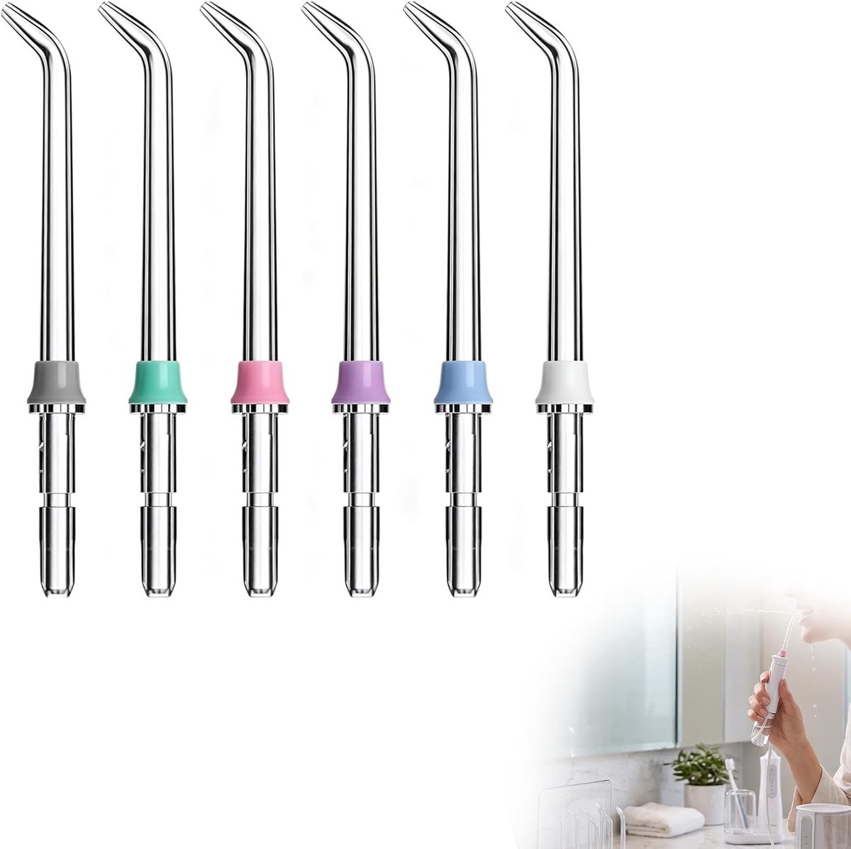6 stuks Flosser vervangingspunten voor Waterpik, compatibele sproeikoppen en opzetstukken voor monddouches, ideaal voor optimale mondhygiëne en effectieve plaqueverwijdering