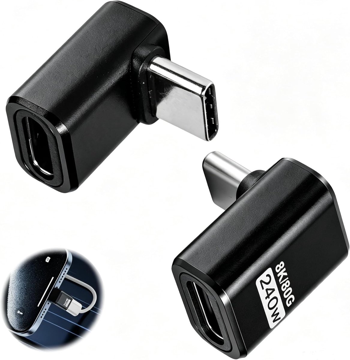2 stuks 90 graden USB C adapter, 240 W USB 4 type C mannelijk naar vrouwelijk, 40 Gbps voor iPhone 15/16, tablet, telefoon en andere type C-apparaten, ideaal voor snel opladen en datatransfer
