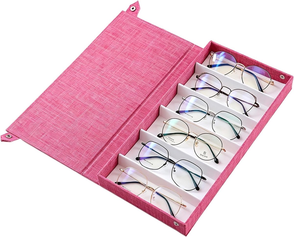 Opbergdoos voor brillen met 6 vakken en flip-top-design, stofdichte organizer voor zonnebrillen en leesbrillen, ideaal voor thuisgebruik en onderweg