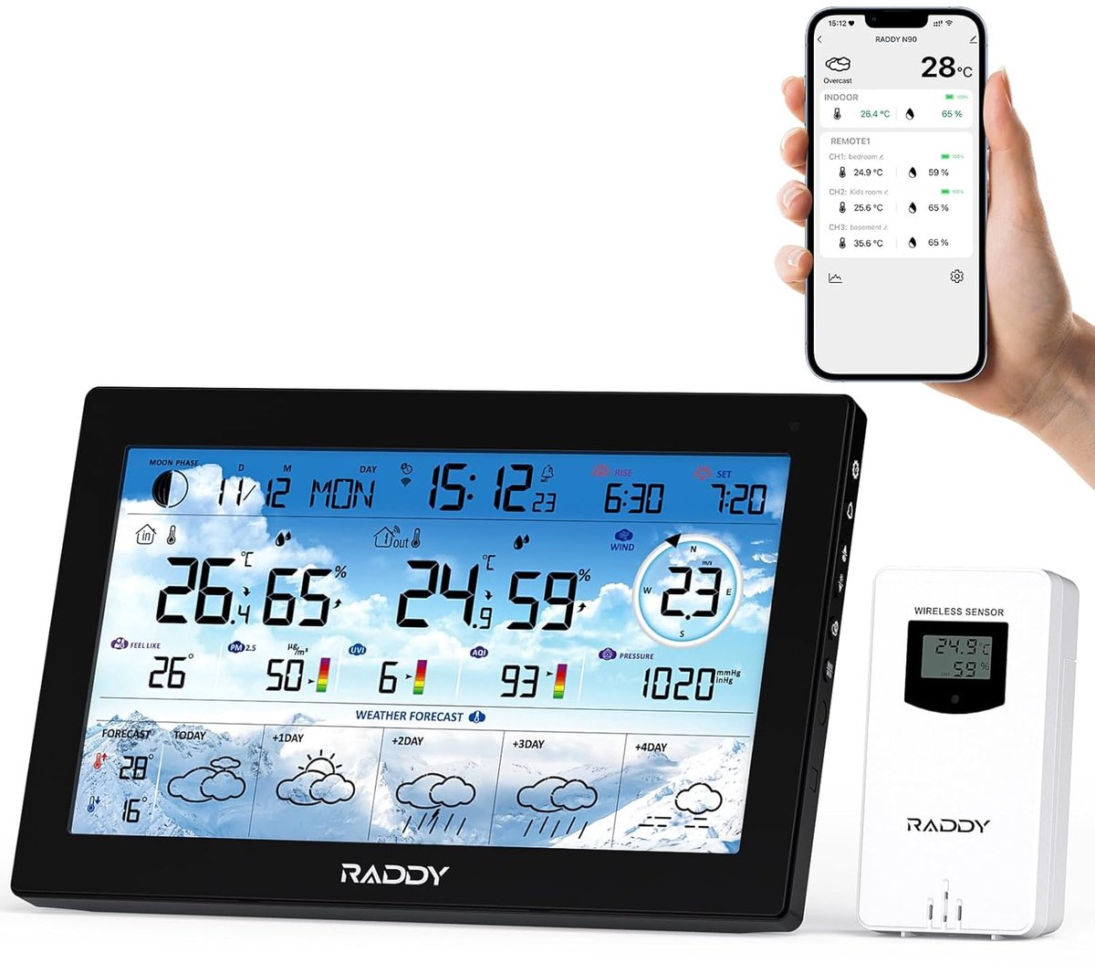 SnelShoppen - Wifi-weerstation met 8,8 inch HTN-display, slimme app-verbinding, binnen en buitenthermometer, temperatuur- en vochtigheidsmonitor, PM2.