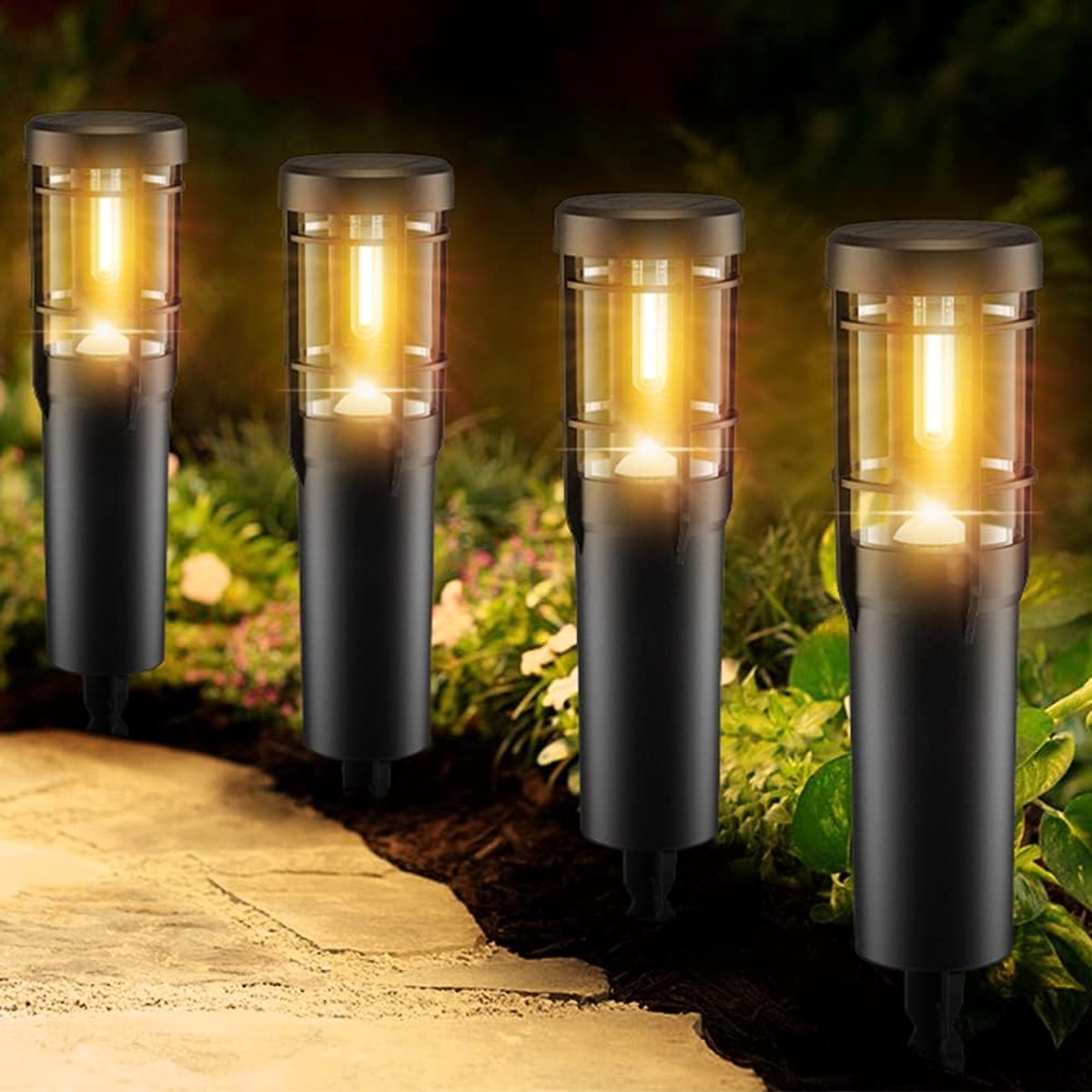 SnelShoppen - Solar Tuinverlichting 4 Stuks Padverlichting 900mAh met Warme LED Tuinlampen IP65 Waterdicht Automatisch Aan/Uit voor Buiten, Tuin, Opri