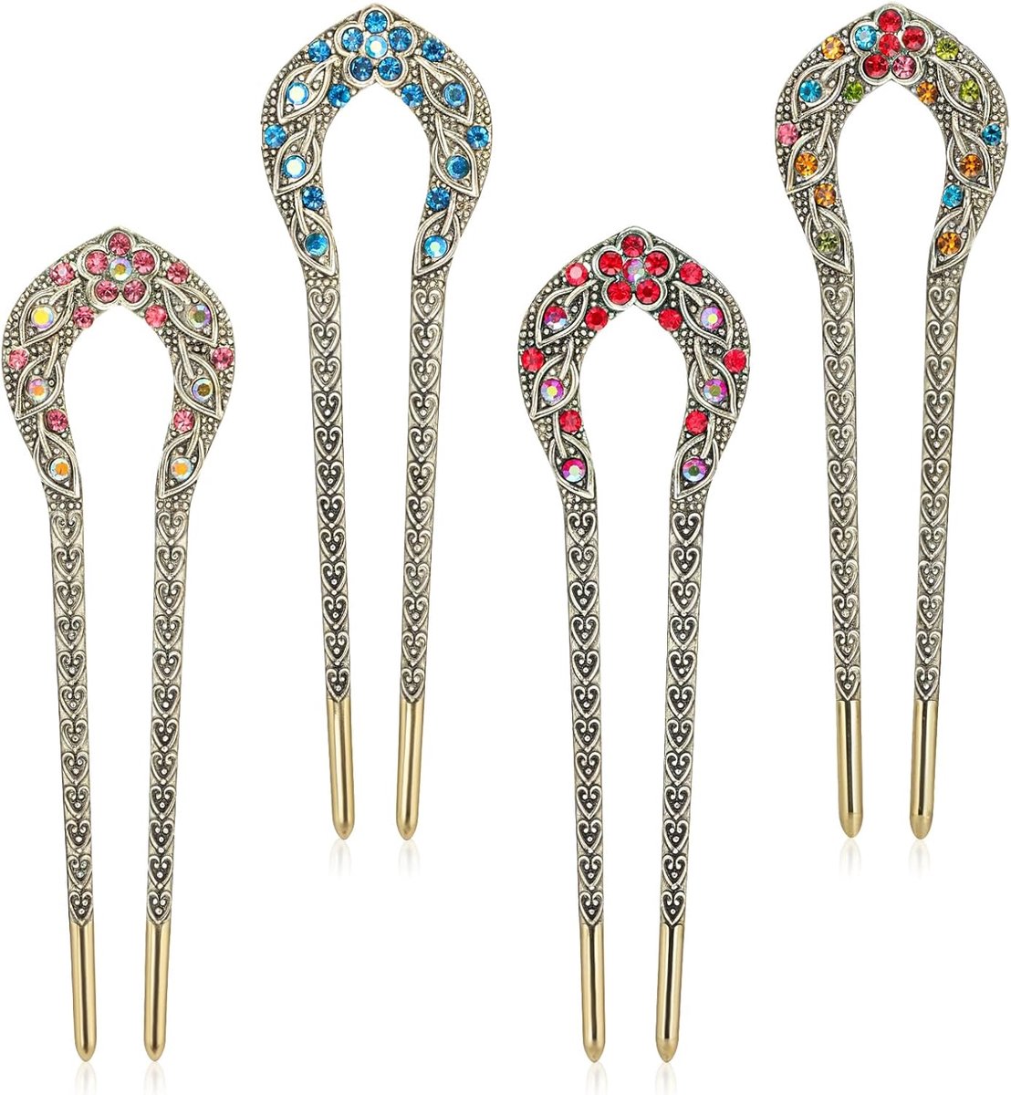 Thijox - 4 Stuks U-vorm Franse Haarspelden - Kleurrijke Vintage Haarvorkspelden van Legering voor Knotvlechten en Lang Haar - Perfecte Haaraccessoires