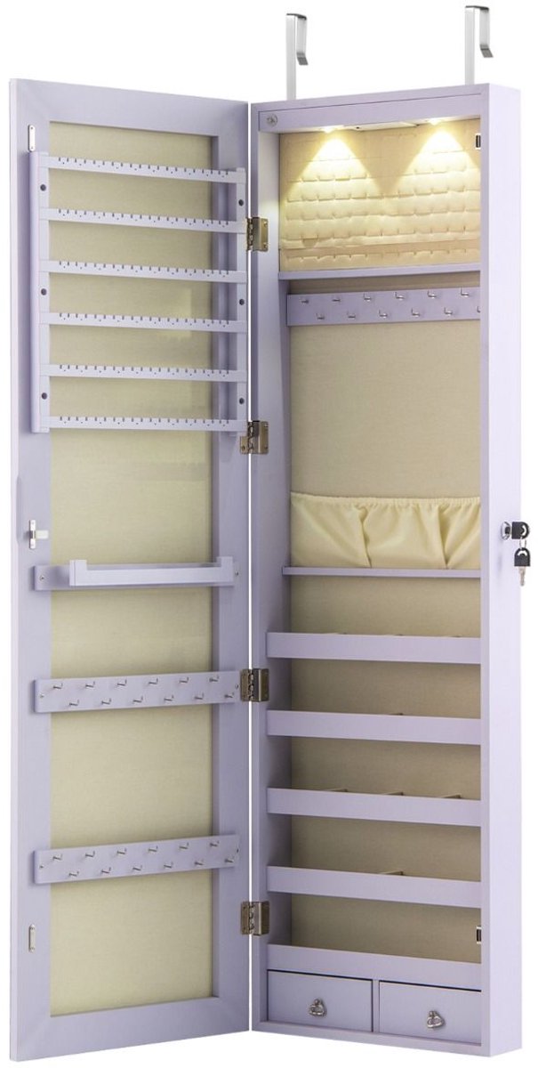 SureDeal® - Sieradenkast - LED verlichting Sieradenrek - Spiegel Afsluitbare Spiegelkast -