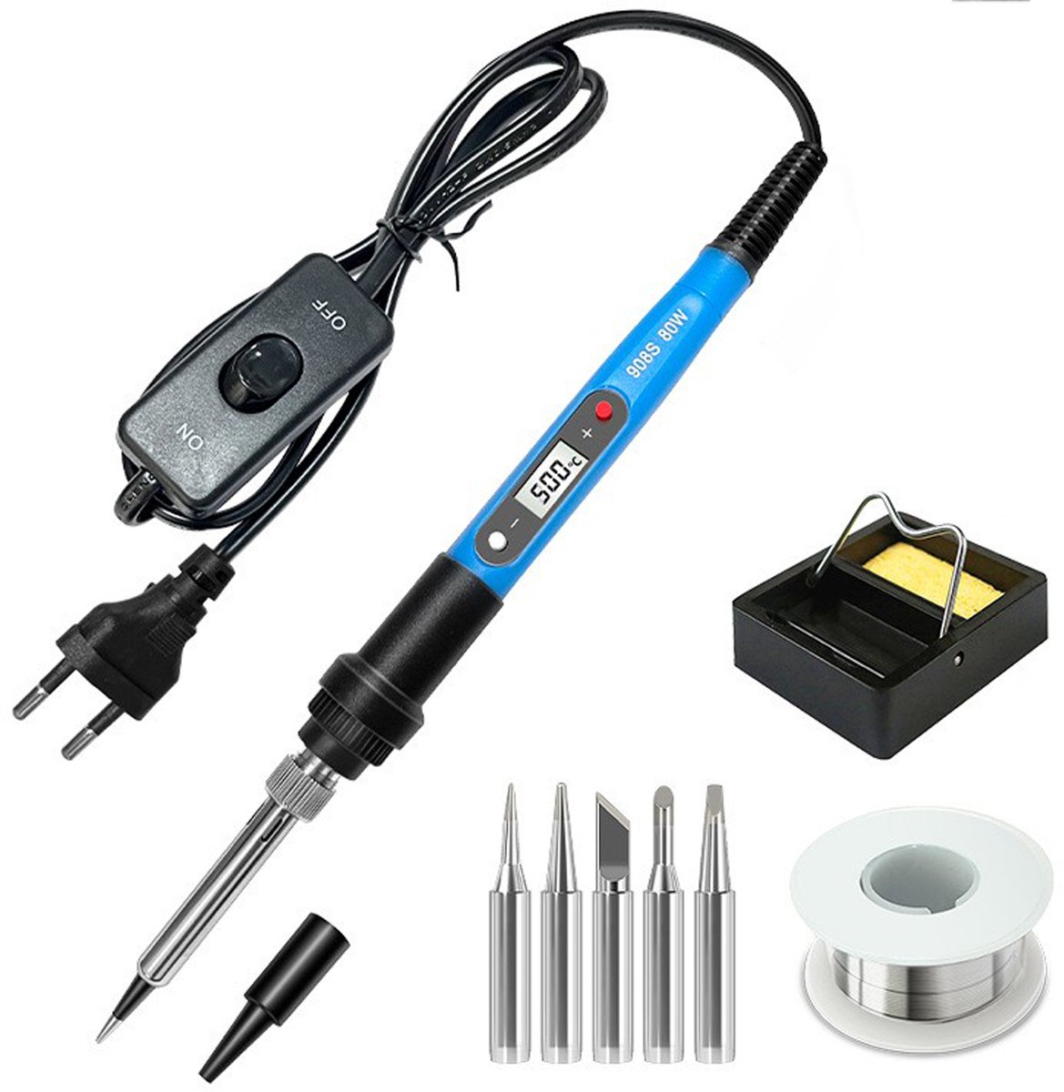 8-delige soldeerboutset – Instelbare temperatuur – Soldeer- en reparatieset voor thuisgebruik – Met schakelaar – Geschikt voor solderen en houtsnijden – 80 watt – Adapter – Blauw