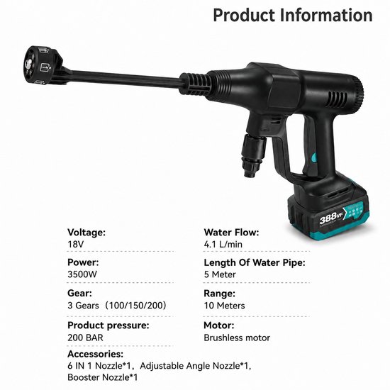 DIMICO - Draadloze Hogedrukreiniger - Hogedrukspuit - 2 Accu's - Power Washer - Waterpistool - 6-in-1 Sproeikop - 200Bar van Dimico — afbeelding 5