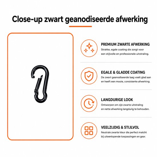 Zwarte karabijnhaak met premium zwarte afwerking, egale & gladde coating, langdurige look en veelzijdig & stijlvol.