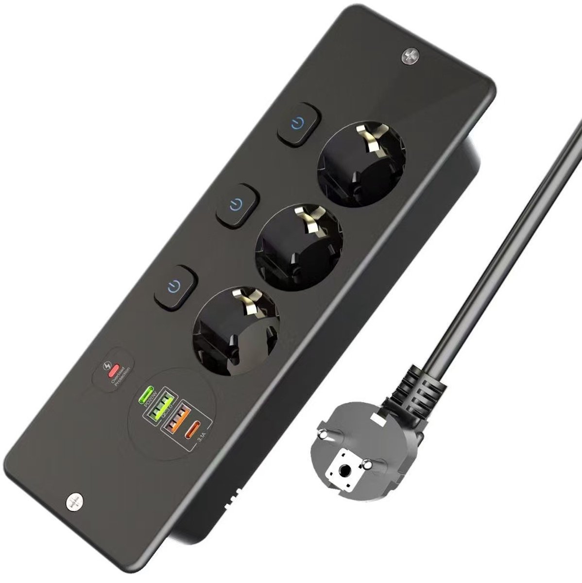 Inbouwstopcontact - Onafhankelijke schakelaar voor snelladen - Met 4 USB-C-poorten - Geschikt voor keukens, slaapkamers, woningen en kantoren - 2 meter kabel - Zwart