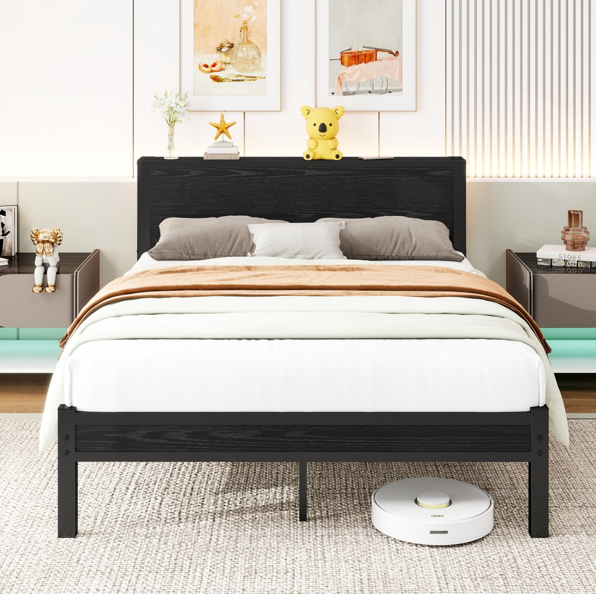 STILVORA Bed 140x200 cm – Metalen Platformbed – Met Hoofdbord en Opbergruimte – Voor Slaapkamer – MDF en Metaal – Zwart – Zonder Matras