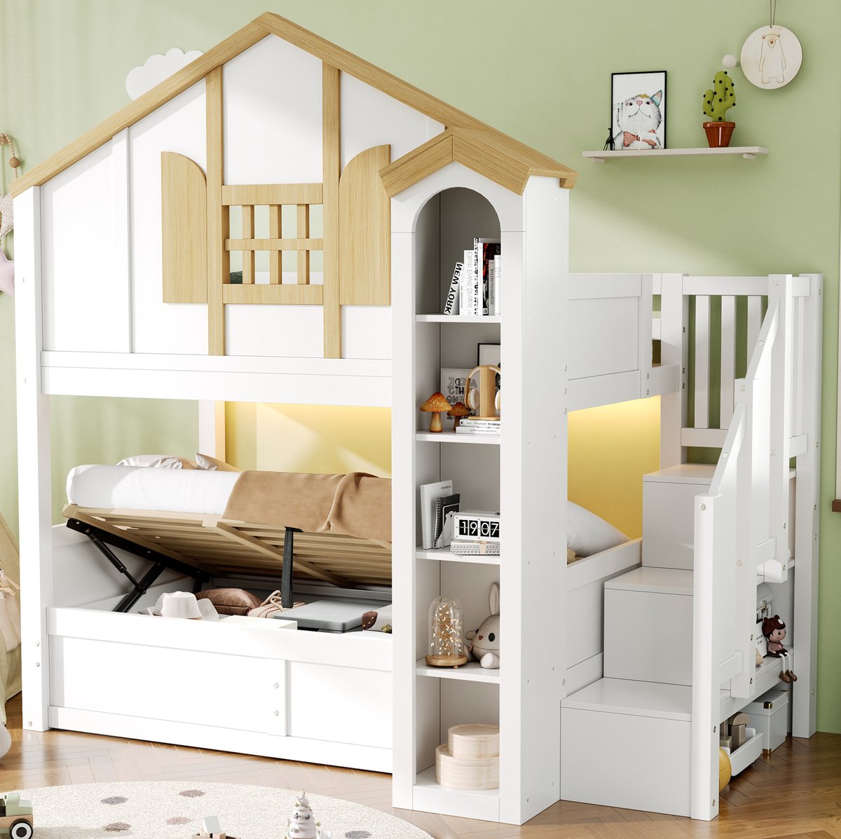 STILVORA Stapelbed 90x200 Cm – Hydraulische Opbergruimte En Opbergtrap – Ledverlichting – Voor Kinderen – Hout En MDF – Wit/Natuur – Zonder Matras