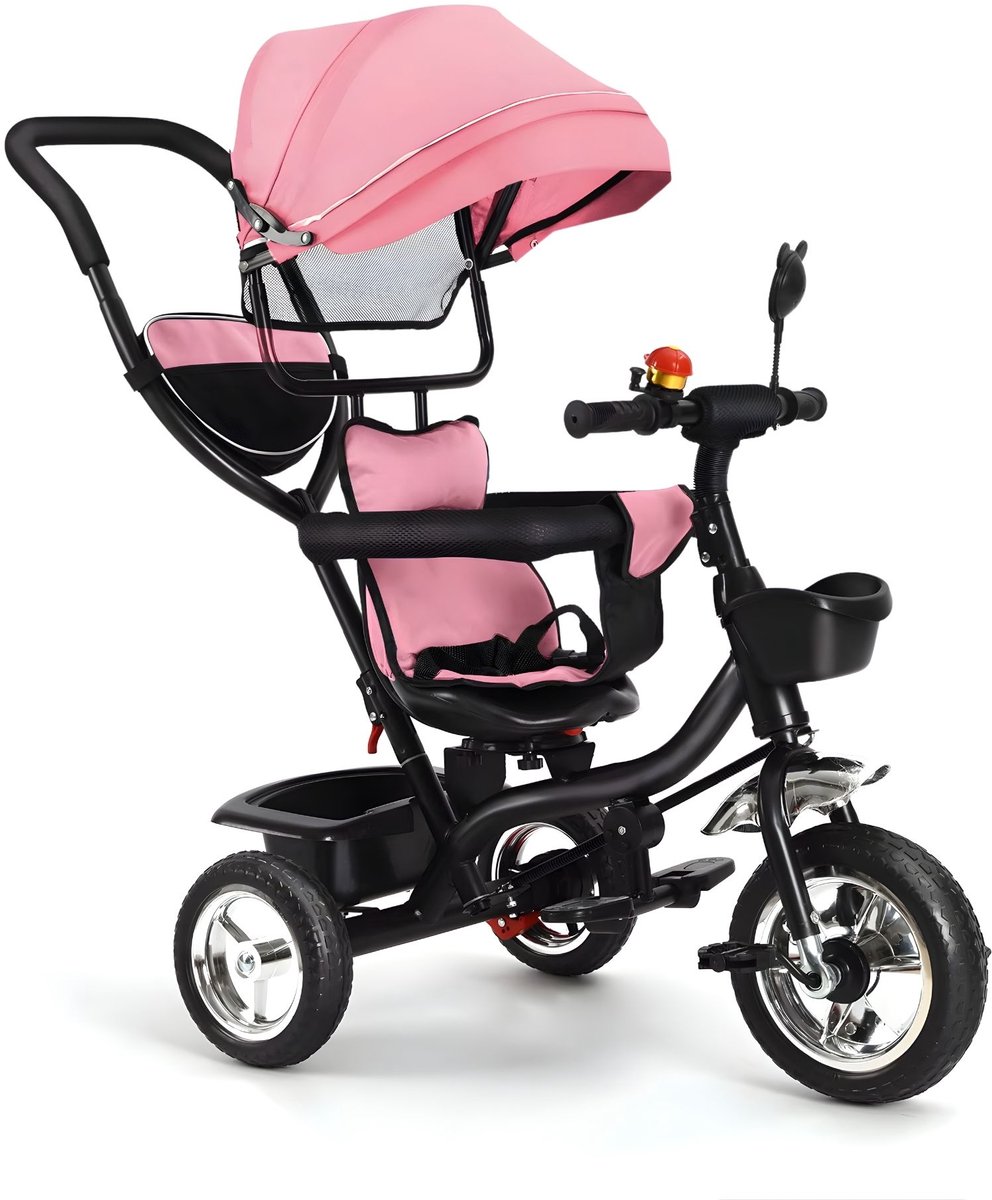 Driewieler Kinderfiets - Verstelbaar met Duwstang en Opbergmand - voor baby's en kinderen 1-5 jaar - Roze - Rood