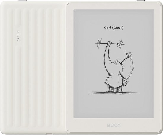 Witte BOOX e-reader, open met ribbelpatroon aan de achterkant. Scherm toont 'Go 6 (Gen II)' met olifant-tekening.
