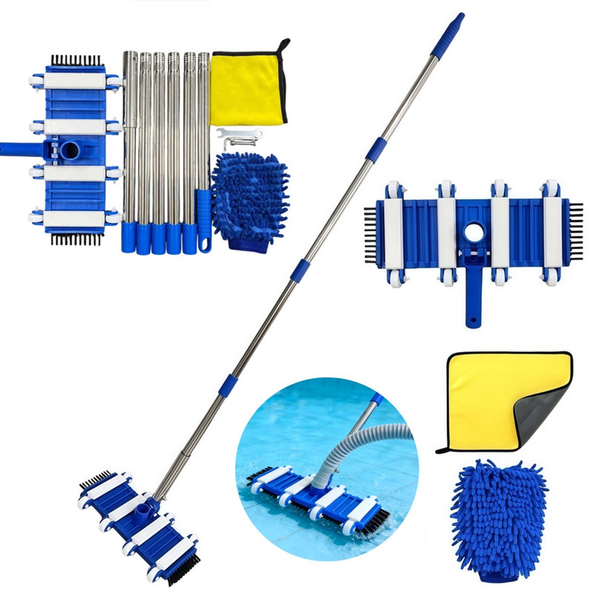 Zwembadstofzuiger – Zwembadbodemreiniger met borstels en wielen – Zwembadreinigingsborstel – Zuigmond met schrobborstel – Zwembadreinigingsset – Handmatige zwembadstofzuiger met telescopische steel – 225 cm