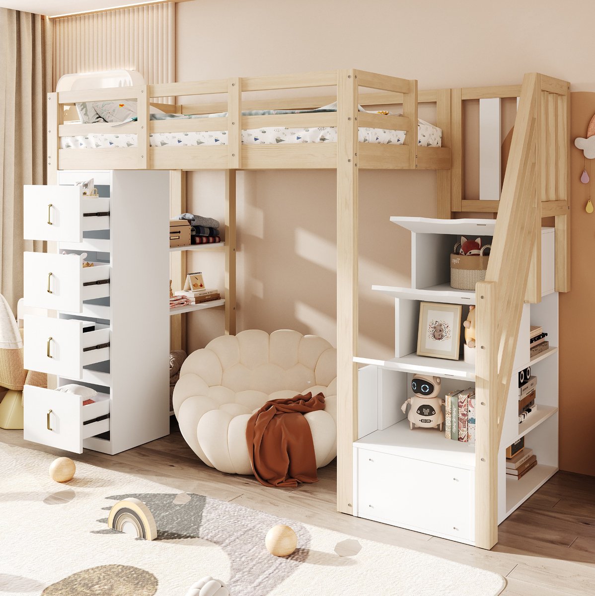 STILVORA Hoogslaper 90x200 cm – Met 4 Opberglades & 3-Laags Rek – Veilige Trap met Opbergruimte – Kinderkamer – Hout/MDF – Zonder Matras