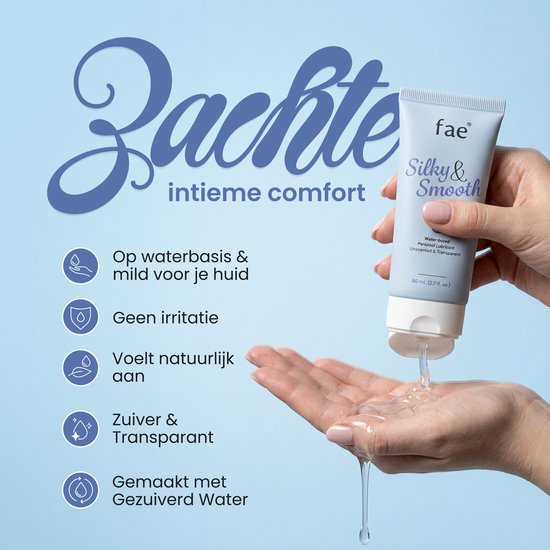 Hand houdt een tube "Silky & Smooth" glijmiddel vast, met gel die eruit druppelt. "Zachte intieme comfort."