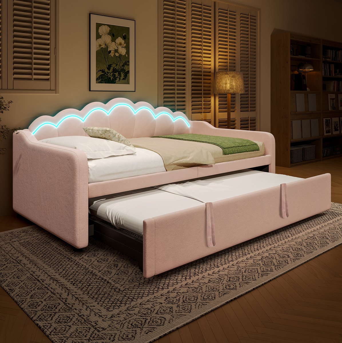 STILVORA Slaapbank 90x200 cm – Uitschuifbaar Bed met LED-Verlichting – Uitklapbaar tot 180x200 cm – Zonder Matras – Fluweel en MDF – Roze