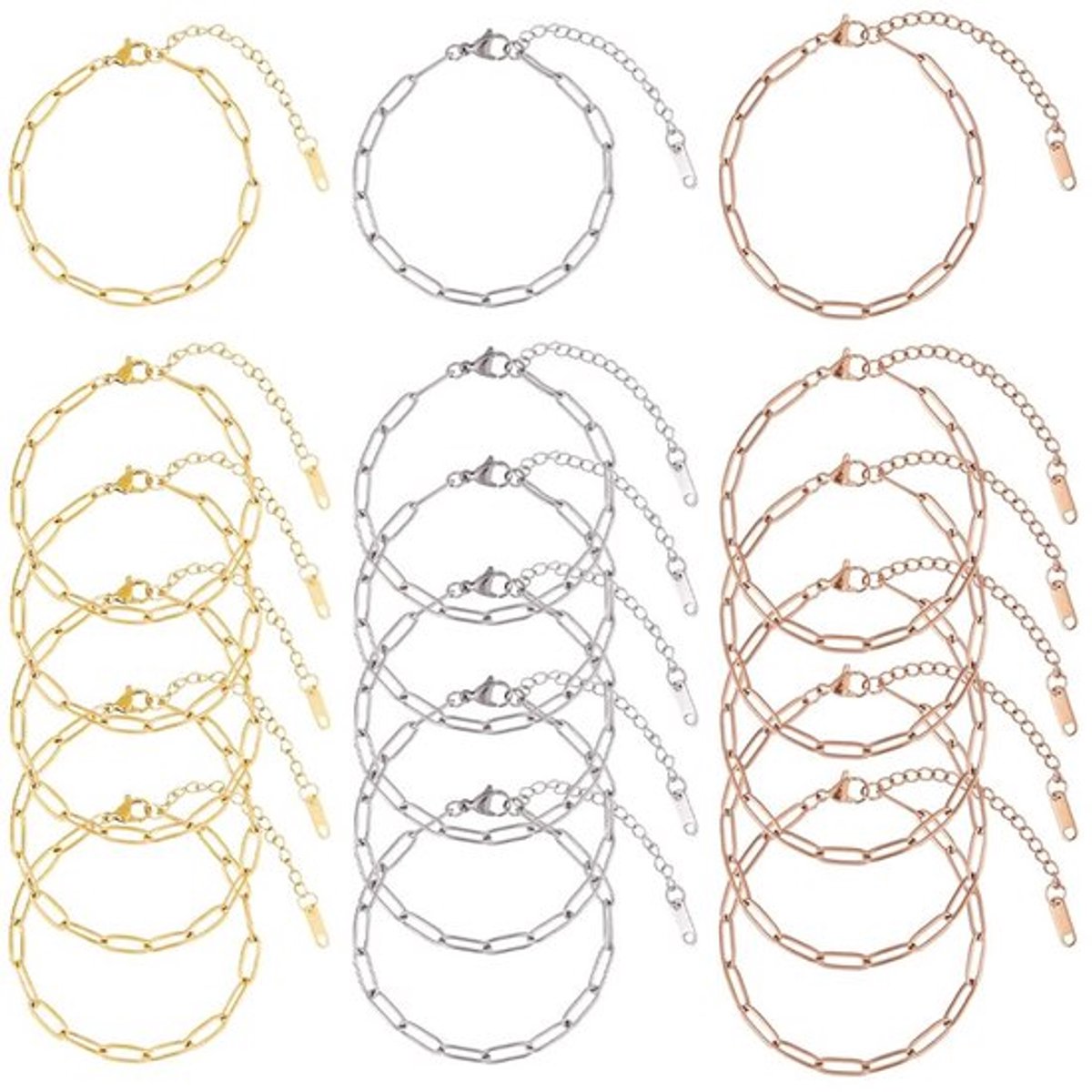 Kettingarmband 18 stuks - Roestvrij Stalen Paperclip Armbanden - Verstelbare Kreeftsluitingen - Gemengde Kleuren - Retro Ontwerp - Sieraad