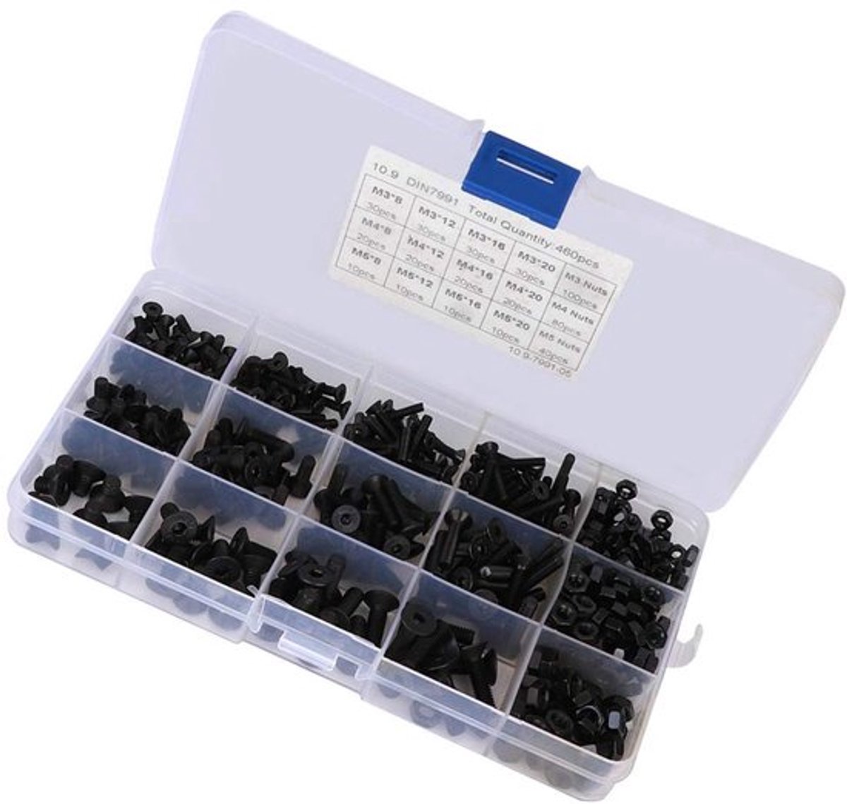 Schroeven Set 460 Stks - Inbusbouten M3/M4/M5 - Koolstofstaal - Platte Kop - Moeren - Doosverpakking - Boutenset