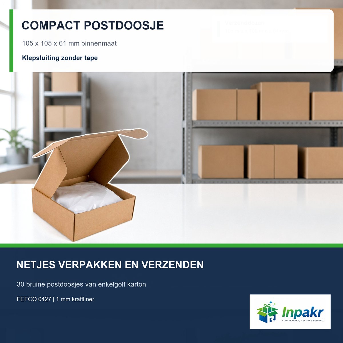 Inpakr Postdoosjes met Klepsluiting - 30 stuks - 105 x 105 x 61 mm - FEFCO 0427 - Bruin