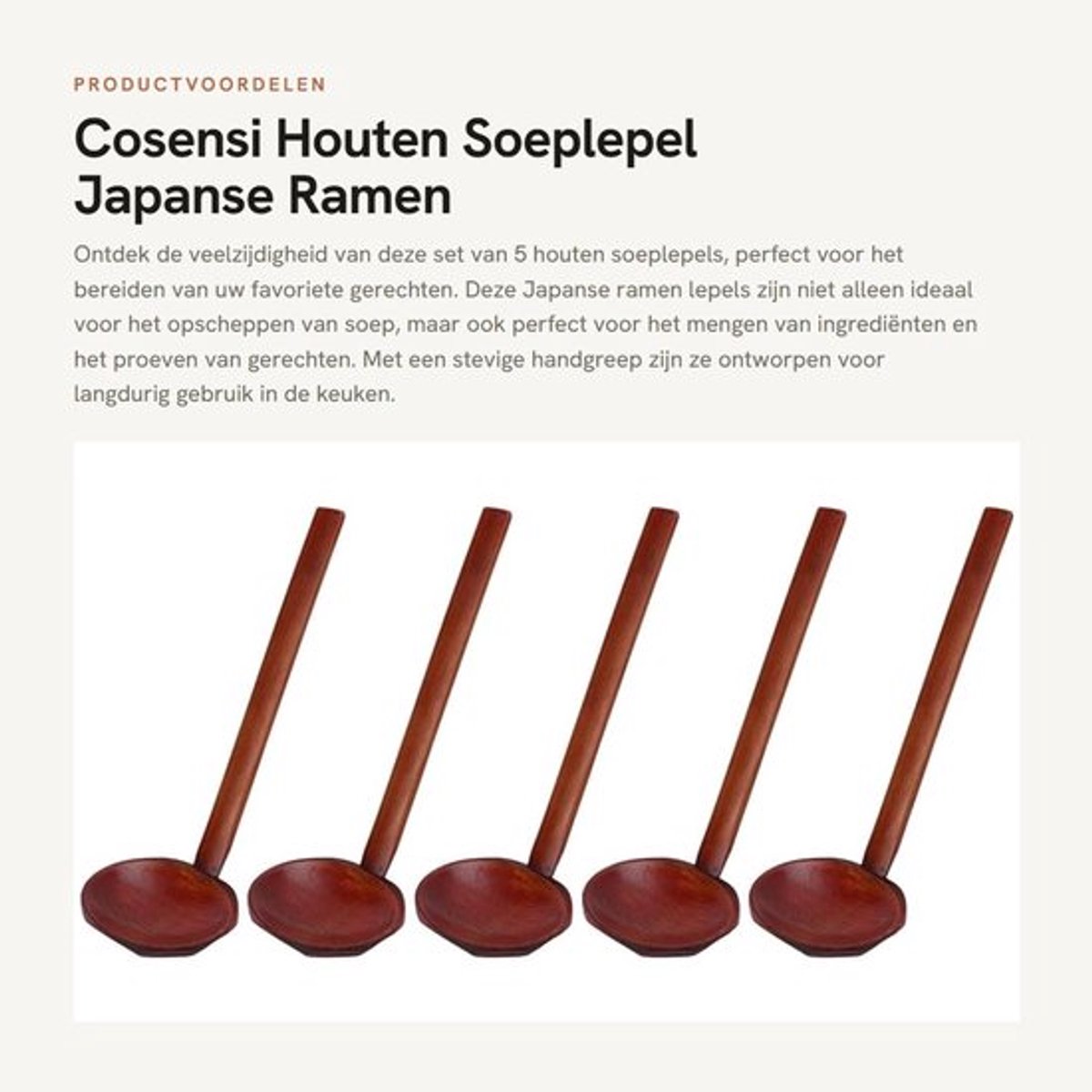 Soeplepel Houten - Set van 5 - Japanse Ramen Lepels - Robuuste Handgreep - Duurzaam Beukenhout - Handgepolijst zonder Scheuren - Lepel
