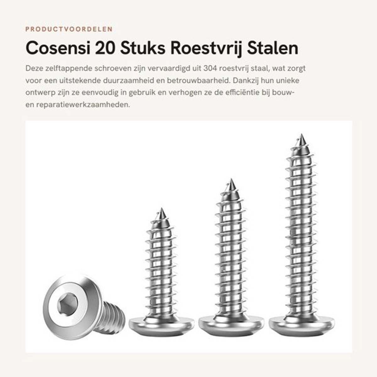Houtschroeven 20 stuks - Zelftappende Schroeven - Platte Kopschroeven - Binnenzeskantschroeven - Roestvrij Staal - Duurzaam en Betrouwbaar