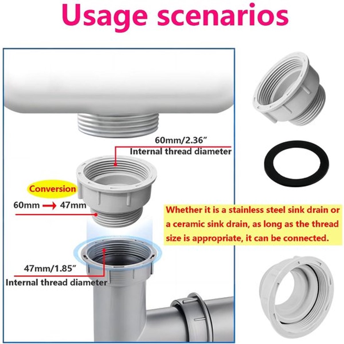 Adapter voor Sifons - Verloopstuk voor Wastafel - Wit - 60 mm naar 47 mm - Eenvoudige installatie - Geschikt voor keuken en badkamer