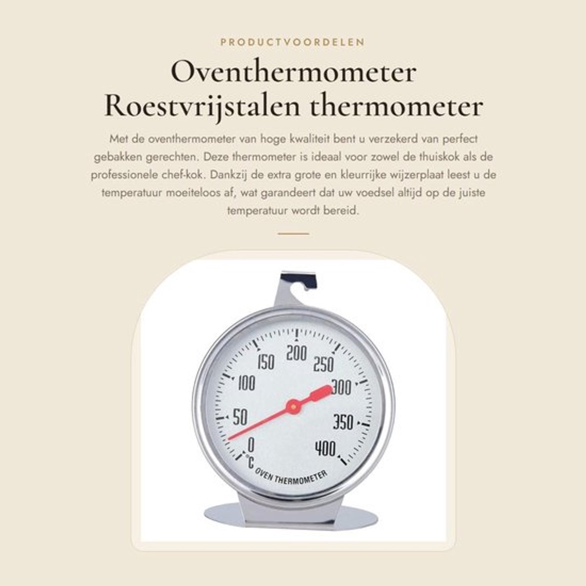 Oventhermometer 0-400 °C - Staande Oventhermometer - Roestvrij Staal - Grote Wijzerplaat - Hoge Kwaliteit - Uiterst Nauwkeurig - Keuken Thermometer