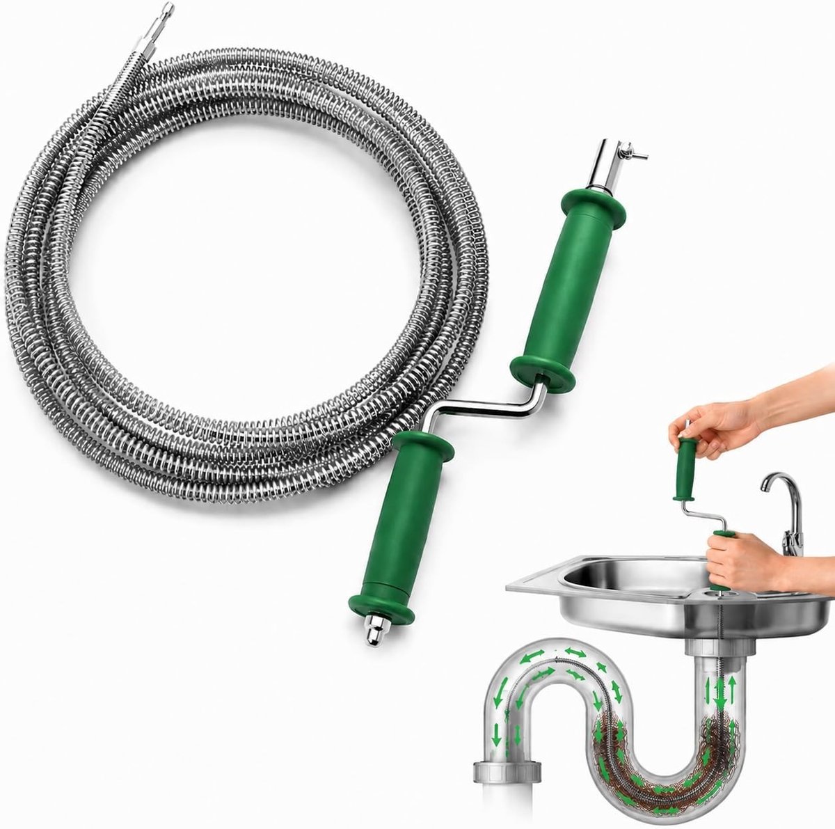 Ontstoppingsveer - Metaalkleurig - 5 m x 10 mm - Flexibele Rioolveer met Dubbel Handvat - Voor Keuken, Badkamer en Toilet
