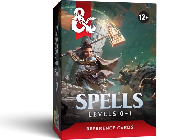 Doos Dungeons & Dragons Spells Levels 0-1 referentiekaarten met art van een krijger die een hamer hanteert.