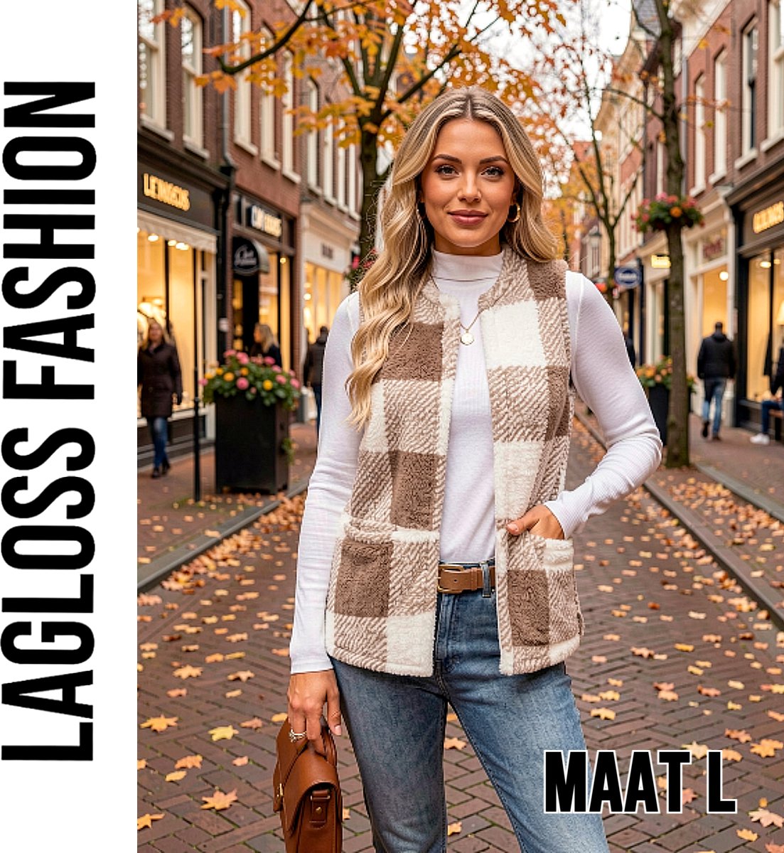 LaGloss ® Dames Fleece Gilet Geruit – Mouwloos Teddy Vest – Lichtgewicht Warm Damesvest met Ronde Hals voor Herfst en Winter - Maat L