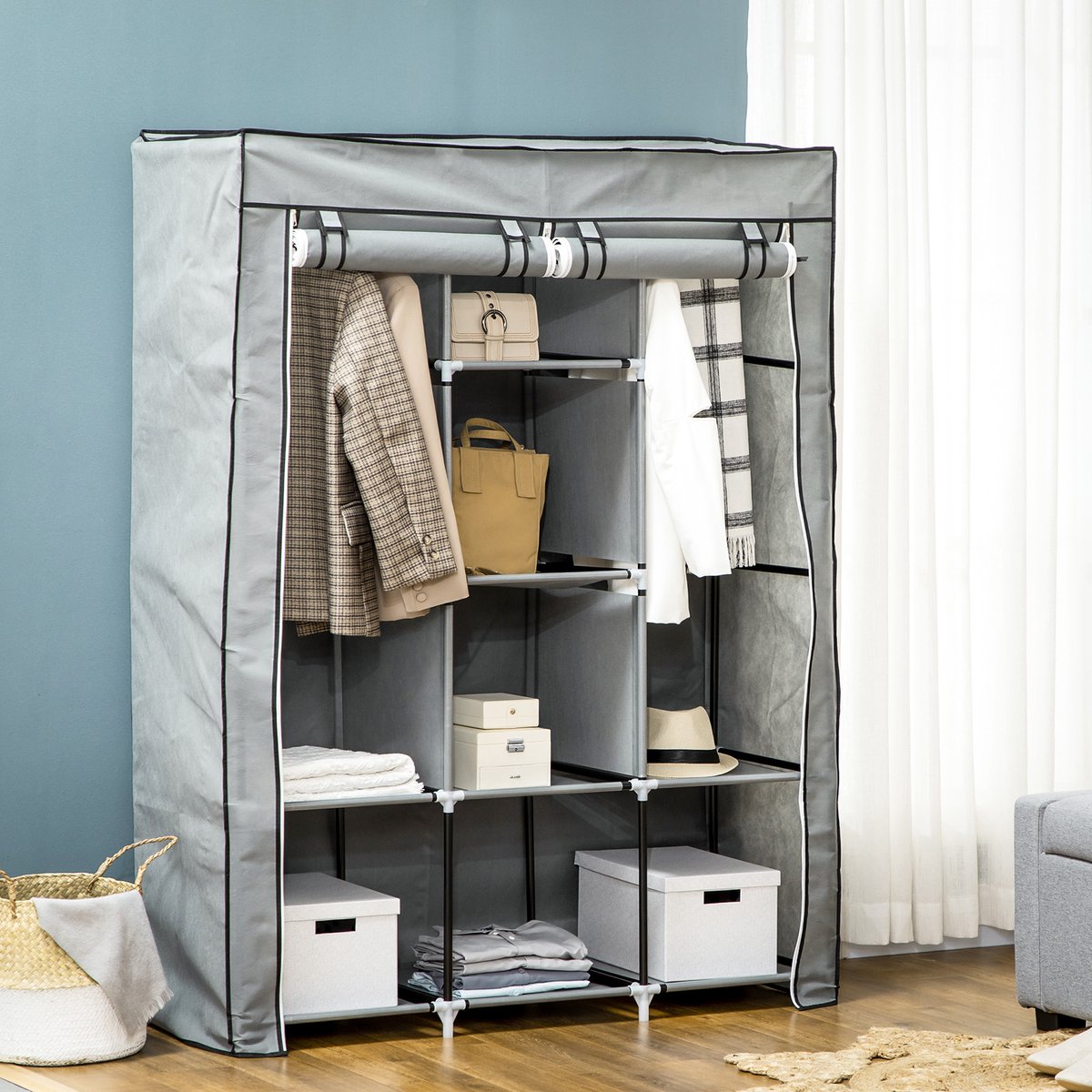COVREO Kledingkast 125 x 43 x 162,5 cm lichtgrijs staal, met 2 hangstangen