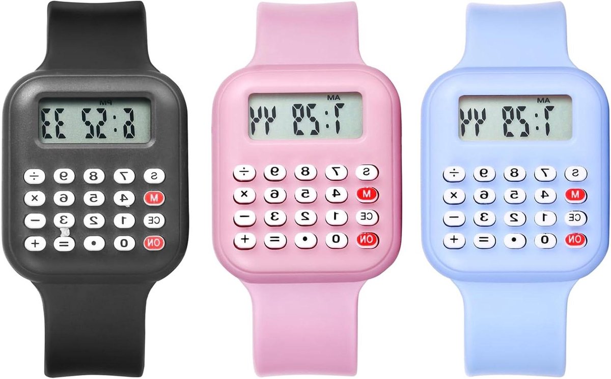 Kinderhorloge Rekenmachine - Digitaal Horloge Kinderen - Leren Rekenen Tijd - Ingebouwde Rekenmachine - 3 stuks - Diverse Kleuren