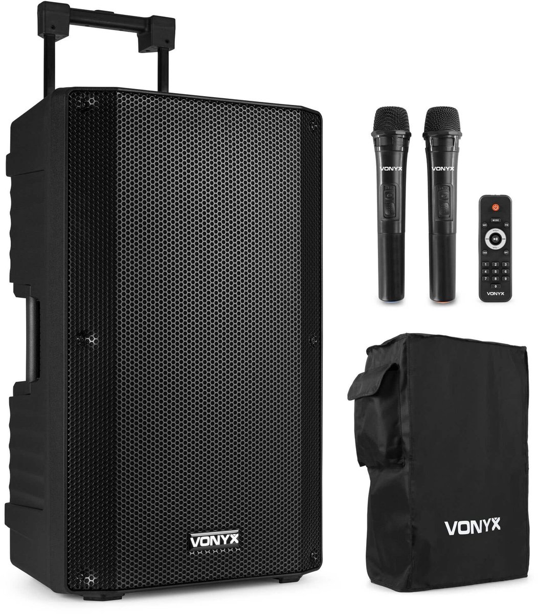 Vonyx VSA700 ABS 15 portable speaker met 2x draadloze microfoon en speakerbeschermhoes - 1000W