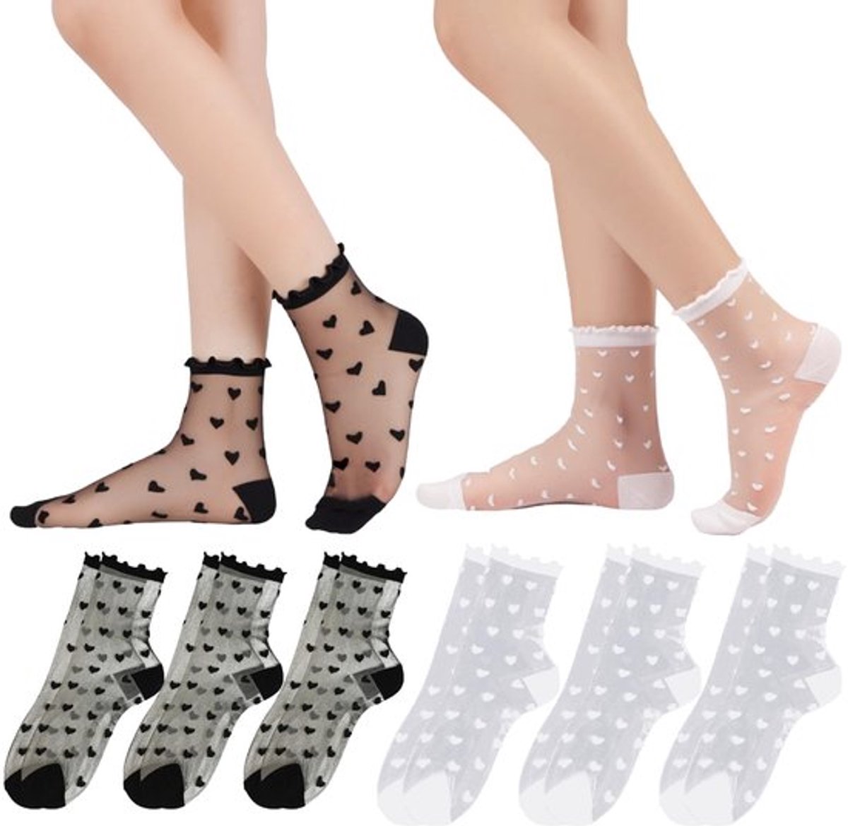 Sokken 6 Paar - Transparant met Ruches - Dunne Kousen - Hartvormig Stippendesign - Geschikt voor Dames en Meisjes - Nylon Materiaal