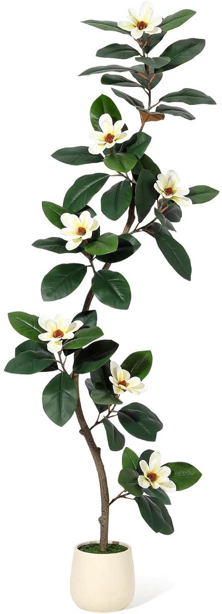 ITRONIQ Kunst Magnoliaboom 183 cm - Kunstplant Met Witte Bloemen en 54 Bladeren - Inclusief Sierpot - Levensecht - Groen