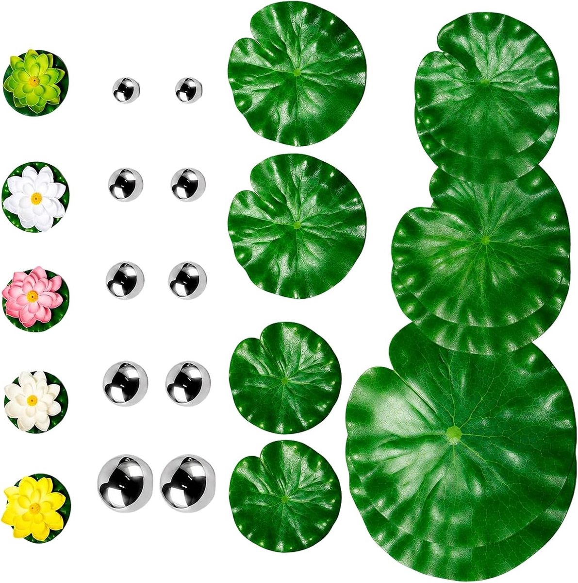 Kleine tuinvijverdecoratieset met 5 kunstmatige waterleliezen en 10 roestvrijstalen tuinbollen, perfect voor vijverdecoratie, mini-vijvers en aquariums