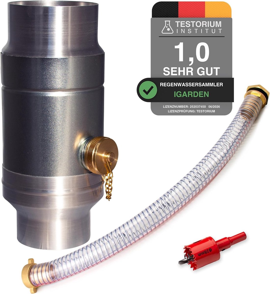 Efficiënte Regenwater Collector met 45 cm Slang en Vatenaansluiting voor Duurzaam Watergebruik, Gegalvaniseerd Staal en Aluminium, Geschikt voor Afvoeren DN87 en 87 mm Diameter