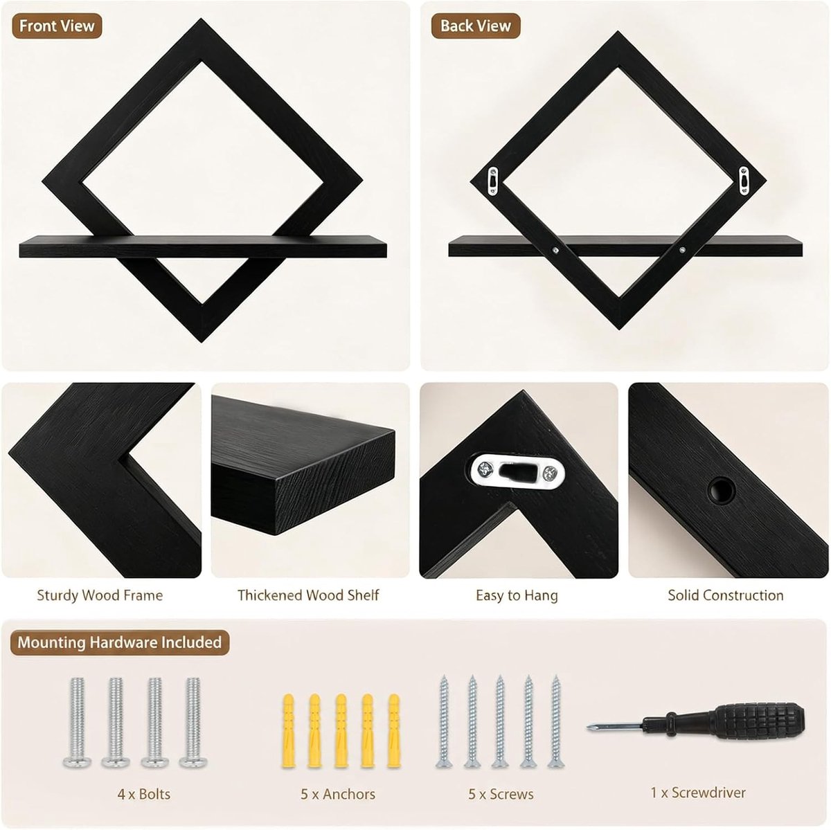 Moderne Boho Wandplanken Set van 2 voor Kunst en Decoratie in de Woonkamer (Zwart)