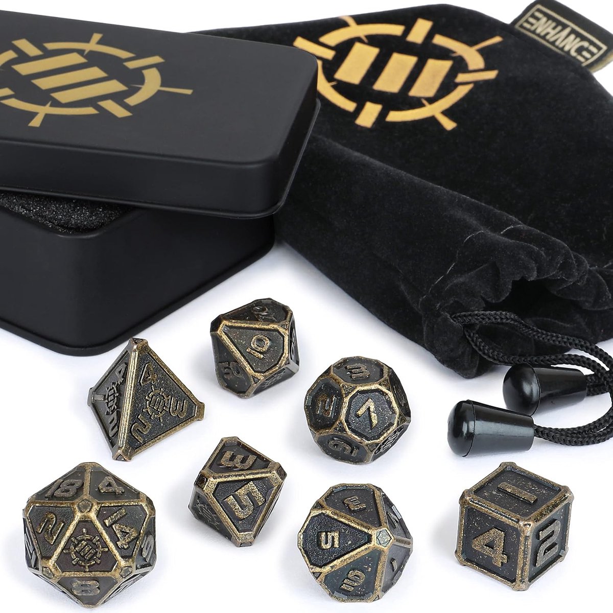 DnD Metalen dobbelstenen set - 7-delige massieve zinklegering polyhedral DnD dobbelstenen met metalen opbergkoffer en trekkoord dobbelstenen tas inbegrepen - RPG dobbelstenen voor kerkers en