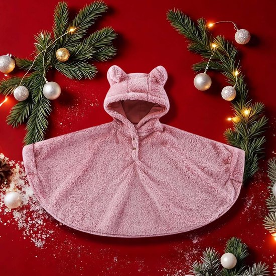 Baby Poncho met Capuchon - Kinder Cape Fleece - Warm Houden - Zachte Fleece Stof - One Size - Roze — afbeelding 3