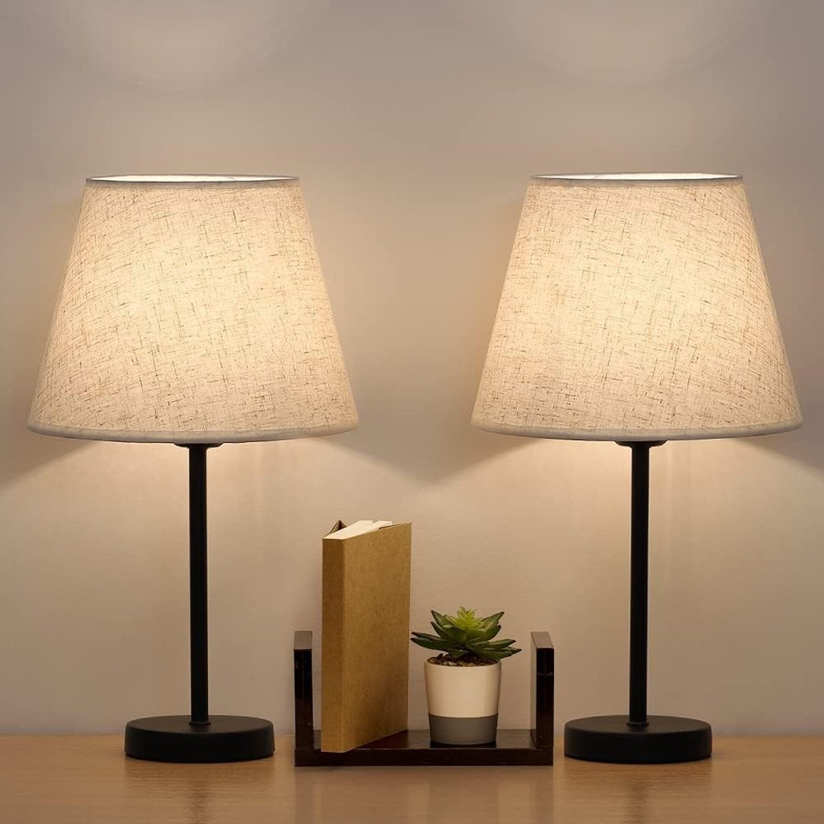 Bankierslamp - Zwart - 39,1 cm - Metalen Basis en Linnen Kap - Led Tafellamp voor Slaapkamer en Kantoor